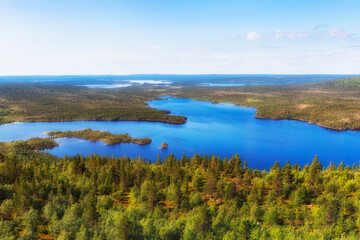 Fototapeta na wymiar Summer landscapes overlooking the lake Kaskama. Panorama. Kola Peninsula, Arctic Circle, Russia