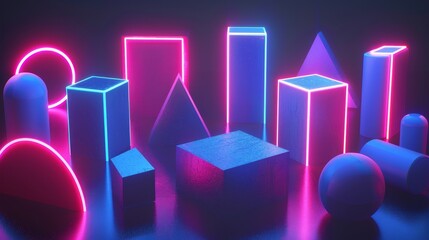 Dynamic 3D shapes illuminated by neon light 3D style isolated flying objects memphis style 3D render   AI generated illustration - obrazy, fototapety, plakaty