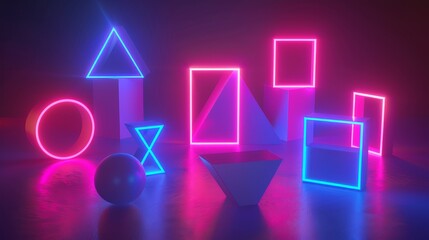 Dynamic 3D shapes illuminated by neon brilliance 3D style isolated flying objects memphis style 3D render  AI generated illustration - obrazy, fototapety, plakaty
