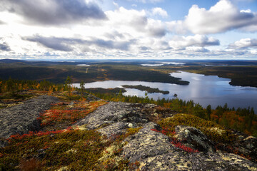 Autumn Landscapes overlooking the lake Kaskama. Panorama. Kola Peninsula, Arctic Circle, Russia