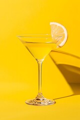 cocktail martini glass alcohol liquid lemon reflection retro summer party poster yellow background photo pop art flat lay style copy space 