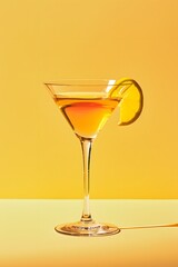cocktail martini glass alcohol liquid lemon reflection retro summer party poster yellow background photo pop art flat lay style copy space 