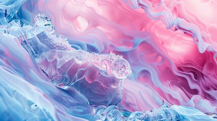 Enigmatic ice sculptures hovering in a world of swirling pink and aqua   AI generated illustration