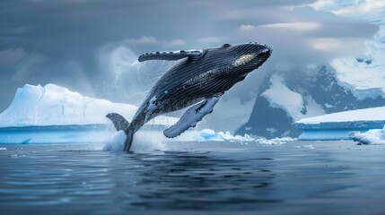 A powerful humpback whale leaps high out of the water against the backdrop of icy Antarctica. The massive mammal showcases its incredible agility and strength as it breaches the surface. - 783288774