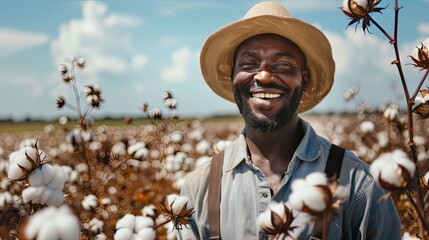 a young, black cotton farmer as he toils under the radiant sun, weaving threads of hope and prosperity into the fabric of his community. - obrazy, fototapety, plakaty
