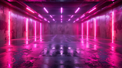 Neon-lit corridor with infinite perspective in pink and purple tones. Generative AI