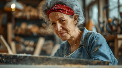 Elderly woman working in a woodshop.