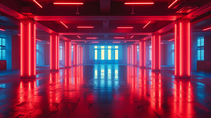 Futuristic industrial hallway illuminated by vibrant red and blue neon lights with glossy reflective flooring. Generative AI - obrazy, fototapety, plakaty