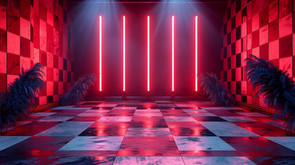 Neon-Infused corridor with reflective checkerboard flooring and burlesque feather decorations. Generative AI - obrazy, fototapety, plakaty