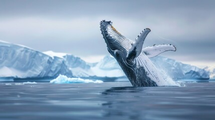 A humpback whale, a massive marine mammal, leaps out of the water in Antarctica. The powerful creature displays its agility and grace as it breaches the surface.