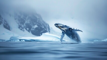 A humpback whale in Antarctica jumping high out of the water with an iceberg in the background, showcasing its impressive strength and agility.