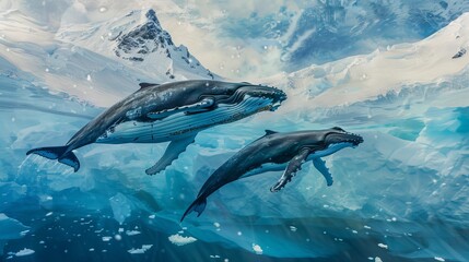 The painting depicts two dolphins swimming gracefully in the blue ocean waters. The dolphins are captured in motion, their sleek bodies elegantly cutting through the waves as they navigate their - 783289136