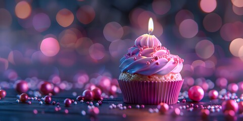 Birthday cupcake, with candle and icing for celebrating birth day - obrazy, fototapety, plakaty