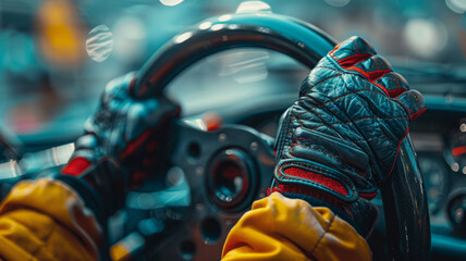 Hands in racing gloves on a steering wheel. - obrazy, fototapety, plakaty