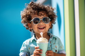 Happy Child with Ice Cream on Sunny Day
