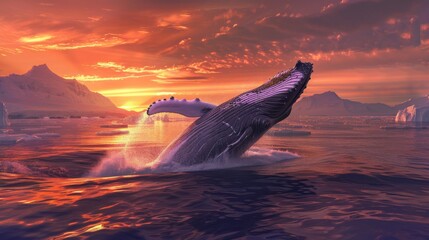 A majestic humpback whale is seen breaching the icy waters of Antarctica during sunset, creating a stunning sight as it jumps out of the water.