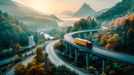Camion  roulant sur un pont dans la montagne