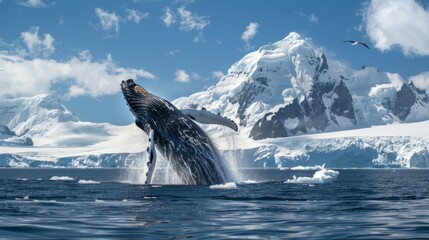 A humpback whale, known for its massive size and distinct body shape, breaches the icy waters off the coast of Antarctica. The majestic creature leaps out of the water, displaying its power and