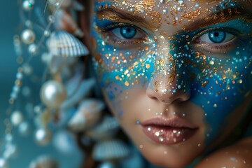 Mermaid makeup, sea themed creative makeup in blue shades, beautiful woman's face - obrazy, fototapety, plakaty