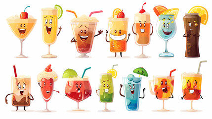 a set of cartoon glasses with different types of drinks