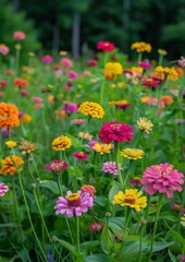 Obraz na płótnie Canvas A field of vibrant zinnias in full bloom, with various colors and shapes of the flowers ,symbolizing life's beauty and an atmosphere of celebration