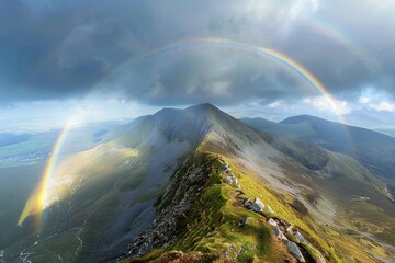 A panoramic view of a mountain range capped with a perfect rainbow