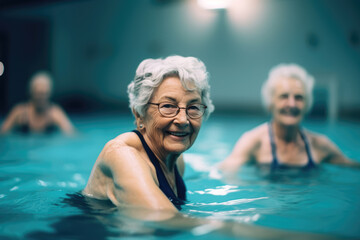 Fototapeta premium generated illustration of senior retired women enjoying aqua gym class in a pool, healthy lifestyle.