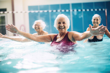 Fototapeta premium generated illustration of senior retired women enjoying aqua gym class in a pool, healthy lifestyle.