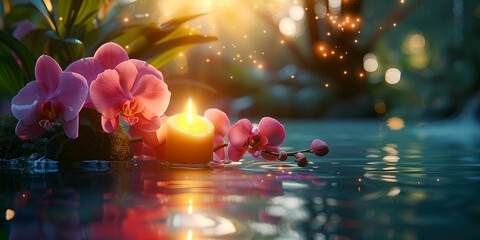 Candle is lit on a rock next to a pond with pink flowers. The scene is serene and peaceful, with the candlelight reflecting on the water