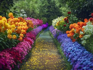 A serene garden path lined with flowers mimicking the colors of a rainbow