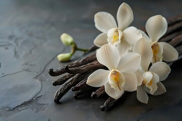 Fototapeta premium Essence of Elegance: Vanilla Orchids and Beans. Concept Vanilla Orchids, Vanilla Beans, Elegance, Aromatic Flora