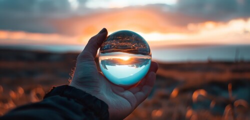 A person holding up an object that reflects the sky at sunset，Solitude in Reflection: A Moment of Contemplation under the Sunset Sky - obrazy, fototapety, plakaty