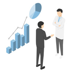 白衣の男性にグラフの説明をする会社員