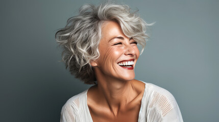 generated illustration of beautiful gorgeous elderly woman 50s age senior model short grey hair - obrazy, fototapety, plakaty
