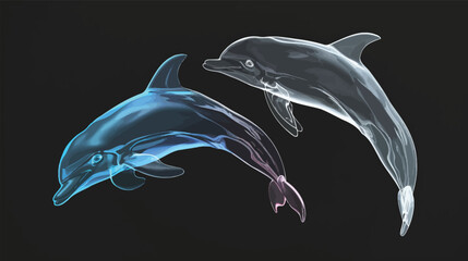 a dolphin and a dolphin swimming side by side - obrazy, fototapety, plakaty