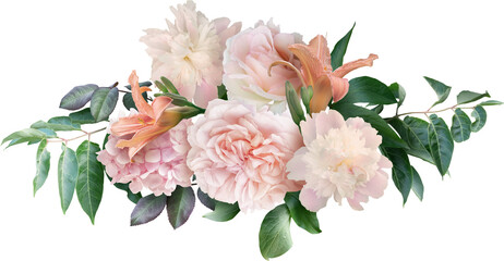 Pink roses, peony and lily isolated on a transparent background. Png file.  Floral arrangement,...