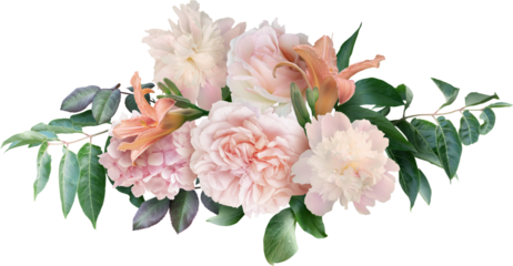 Pink roses, peony and lily isolated on a transparent background. Png file.  Floral arrangement, bouquet of garden flowers. Can be used for invitations, greeting, wedding card.