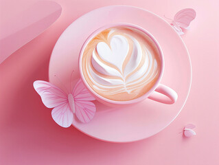 Stylized 3D vector illustration of a latte with a butterfly art on foam, pastel background,