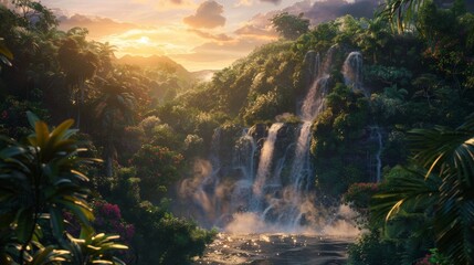 A grand waterfall cascades down rugged rocks, surrounded by dense green foliage of a thriving jungle. The water crashes into a pool below, creating a mesmerizing display of power and beauty.