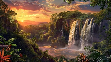 A detailed painting of a grand waterfall cascading down rocks in a dense jungle setting. The vibrant green foliage surrounds the scene, adding to the sense of wild beauty.