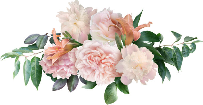 Pink roses, peony and lily isolated on a transparent background. Png file.  Floral arrangement, bouquet of garden flowers. Can be used for invitations, greeting, wedding card.