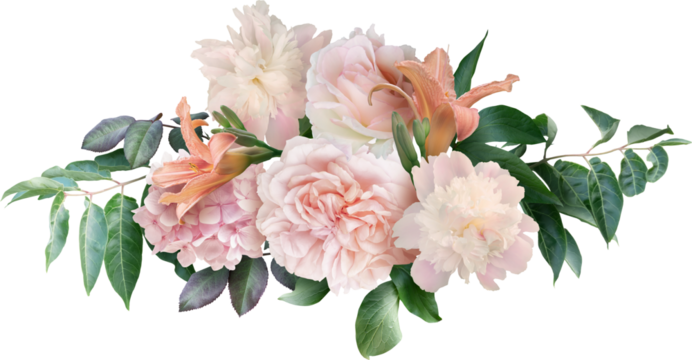 Pink roses, peony and lily isolated on a transparent background. Png file.  Floral arrangement, bouquet of garden flowers. Can be used for invitations, greeting, wedding card.