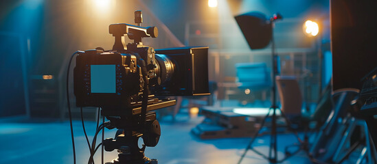 Fototapeta premium professional Camera film set on the tripod in the modern studio production background