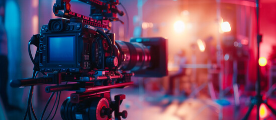 Fototapeta na wymiar professional Camera film set on the tripod in the modern studio production background