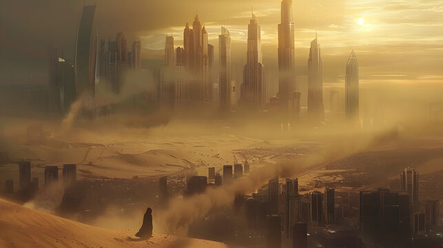 Paysage futuriste, ville dans la brume
