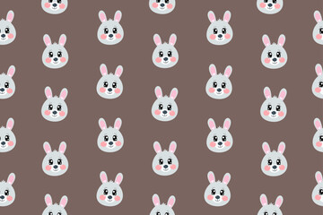 Fototapeta premium Seamless pattern, wallpaper with kawaii cute character happy sweet face, head of grey bunny, rabbit face for children isolated on brown background. Vector illustration for baby, nursery, textile