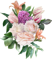 Pink roses, peony, lily and tulip isolated on a transparent background. Png file.  Floral...