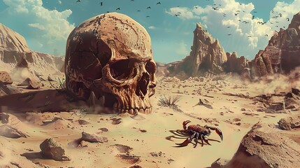rocky desert with skull - obrazy, fototapety, plakaty