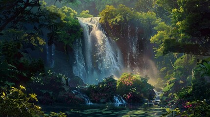 A painting depicting a grand waterfall cascading down amidst lush green jungle foliage. The waterfall is the central focus, surrounded by dense trees and plants. - 783292133