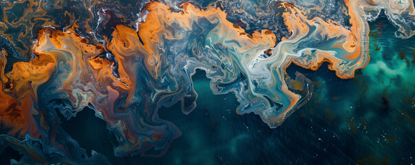 oil spill contaminating coastal waters, with slicks of oil spreading across the ocean surface.